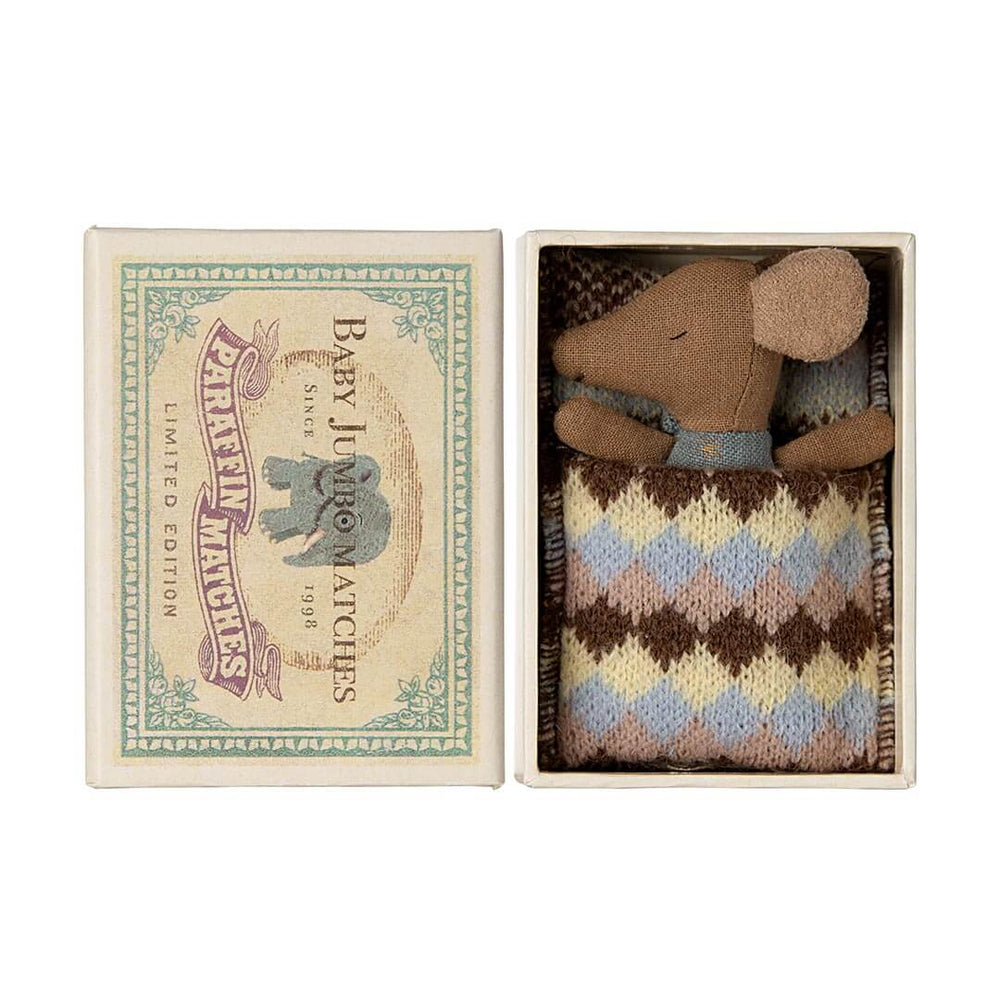 Maileg Sleepy Wakey Baby Mouse in a Matchbox in blue with covers