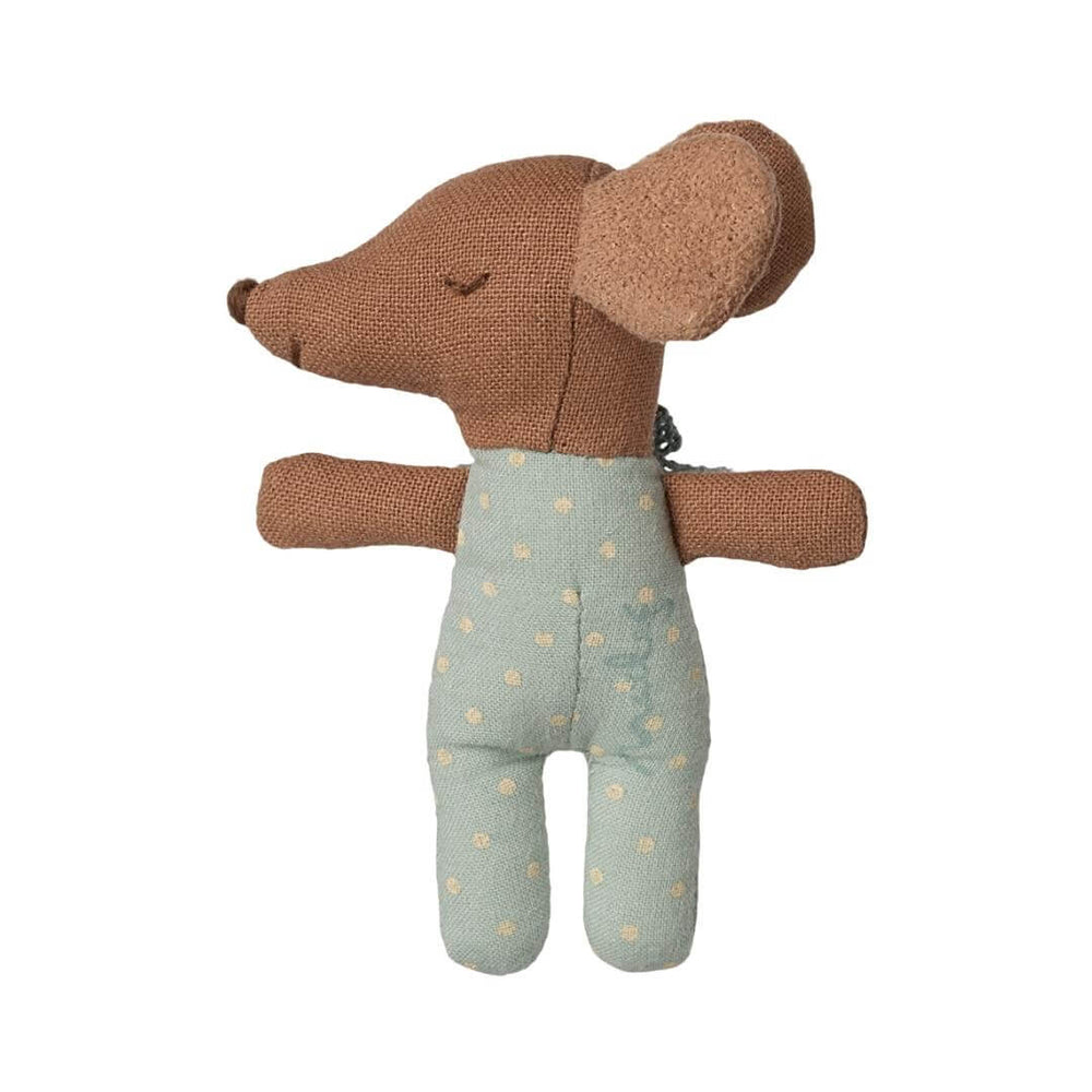 Maileg - Blue Sleepy wakey baby mouse shown with eye closed in blue and white polka dot suit against a white background - Bella Luna Toys