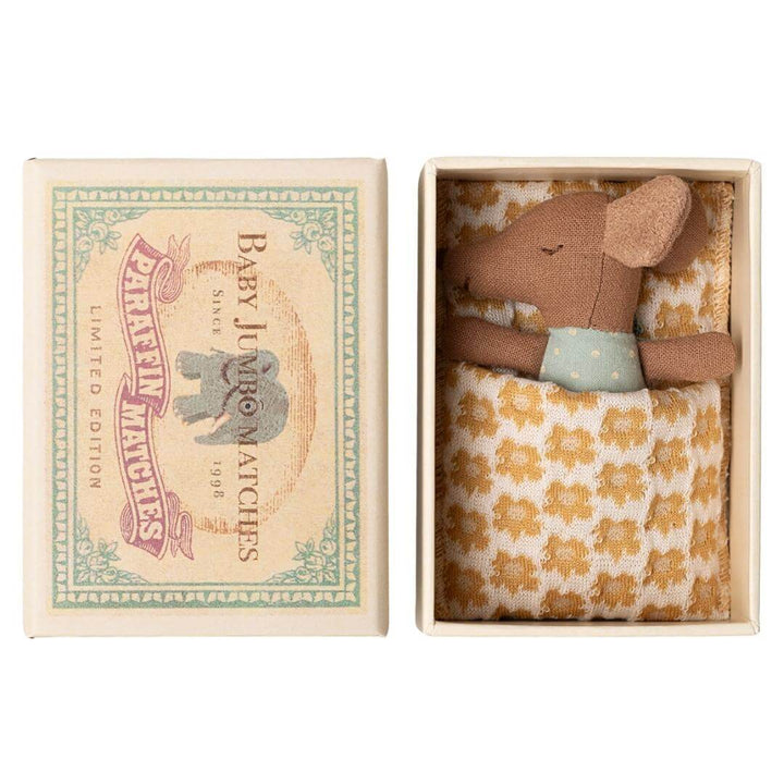 Maileg - Blue Sleepy Wakey Baby Mouse in matchbox tucked in on the sleepy side with a yellow floral blanket- Bella Luna Toys