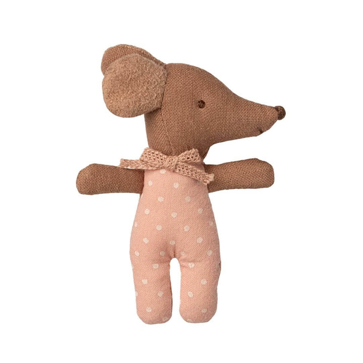 Maileg - Pink Sleepy wakey baby mouse shown with eye open in pink and white polka dot suit with pink knitted bow against a white background - Bella Luna Toys