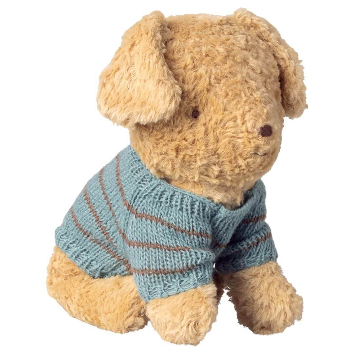 Maileg small puppy wearing a dusty blue knitted sweater with stripes, designed to keep Maileg puppy plush warm.Bella Luna Toys