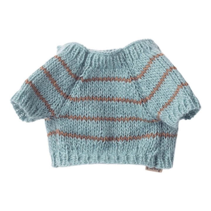Maileg small puppy dusty blue knitted sweater with stripes, designed to keep Maileg puppy plush warm - Bella Luna Toys