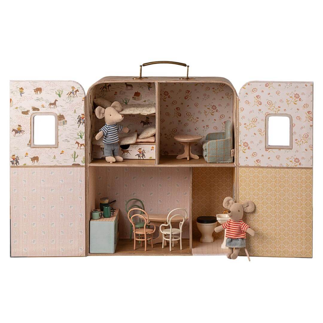 SuitCasa portable mouse house by Maileg shown open with furniture and two Maileg mice standing inside it. Bella Luna Toys. 