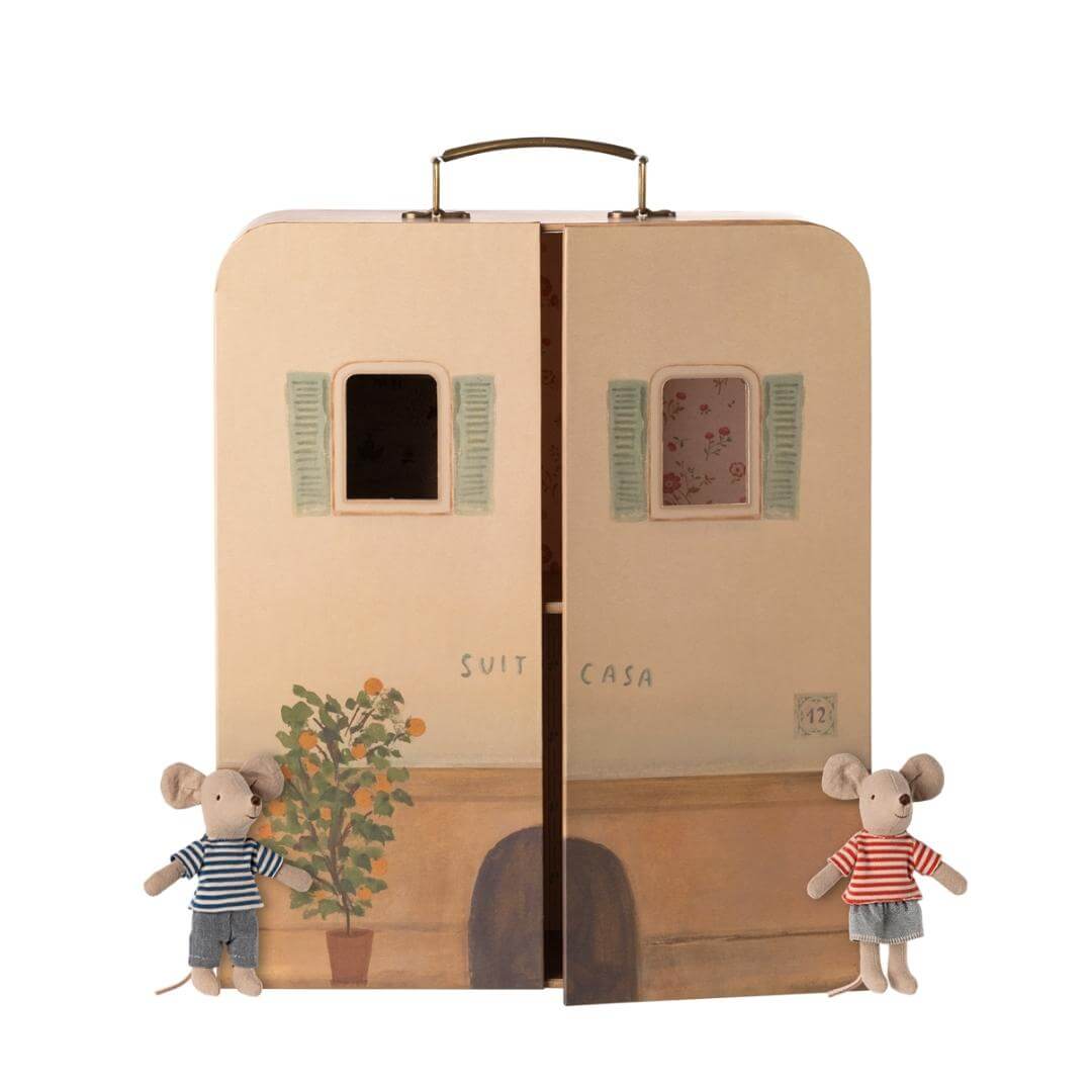 SuitCasa portable mouse house by Maileg shown closed like a suitcase, with two small Maileg mice standing beside it. Bella Luna Toys