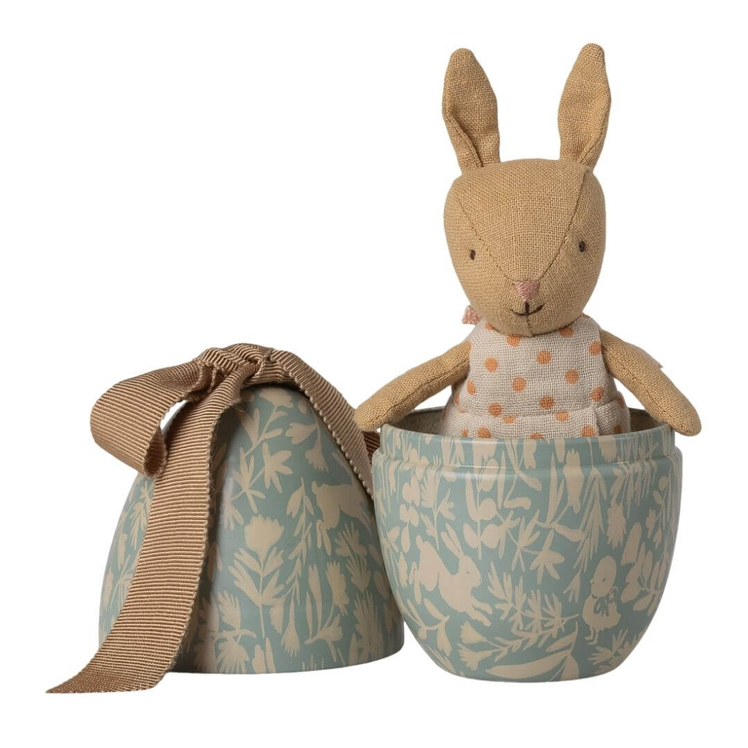 Maileg micro rabbit inside illustrated dusty blue metal Easter egg with fabric ribbon bow