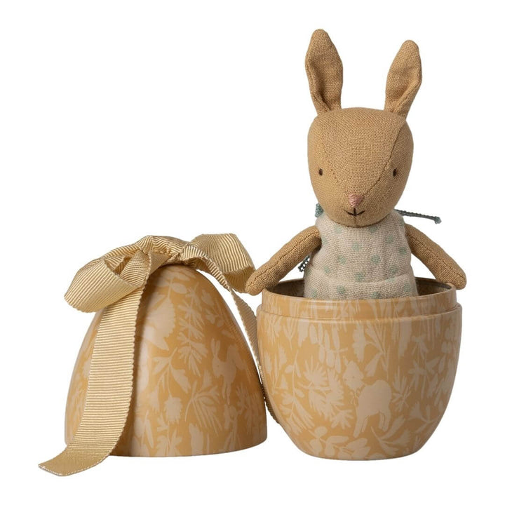 Maileg micro rabbit inside illustrated yellow metal Easter egg with fabric ribbon bow