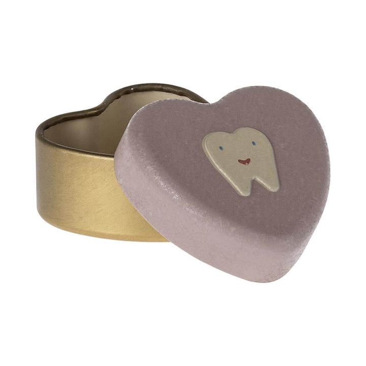 Maileg Tooth Box with gold bottom and heather colored top with tooth shape