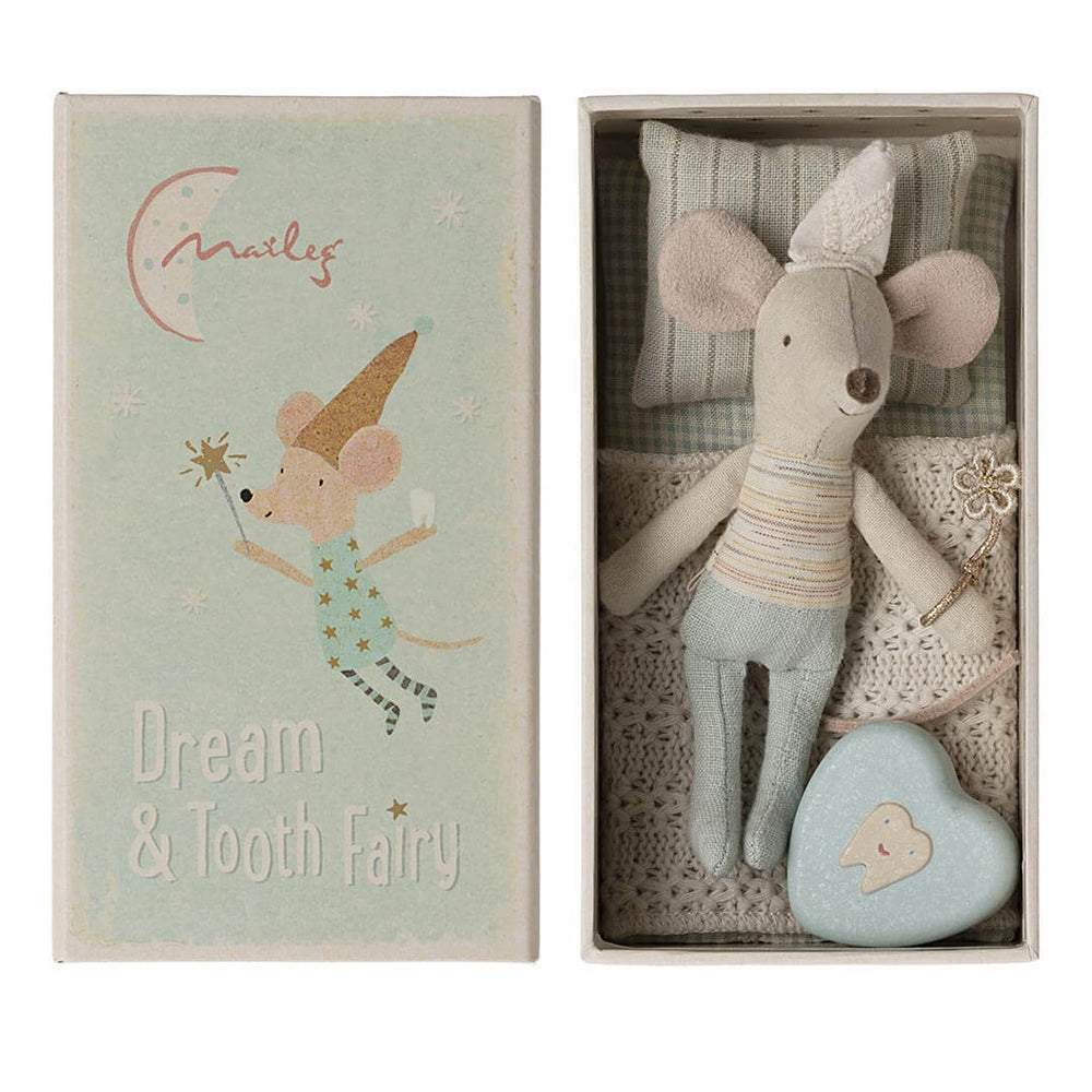 Maileg Tooth Fairy Mouse - Little Brother with hat, wand, and blue pants laying in a matchbox with blue tooth box, pillow, and blanket