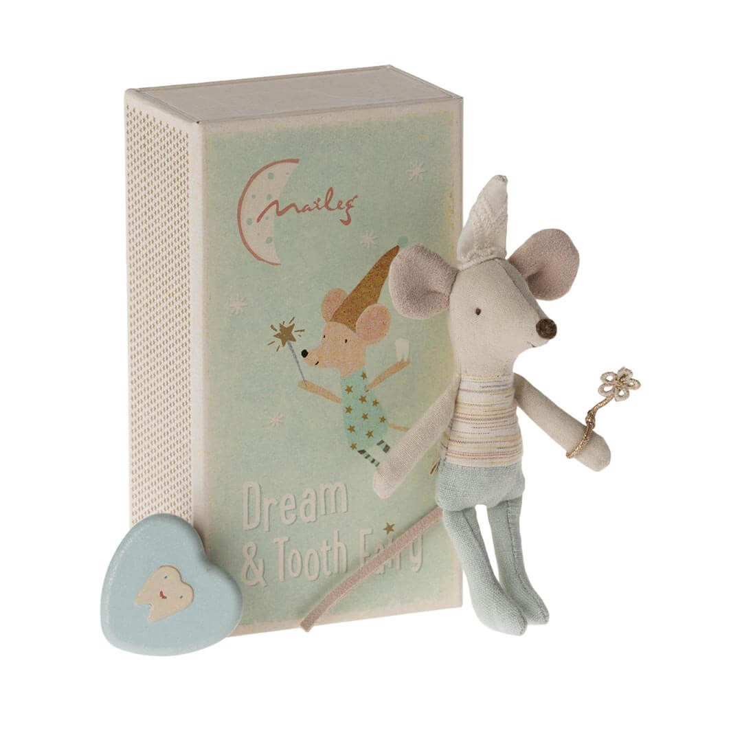 Maileg Tooth Fairy Mouse - Little Brother with hat, wand, and blue pants standing in front of a matchbox with blue tooth box