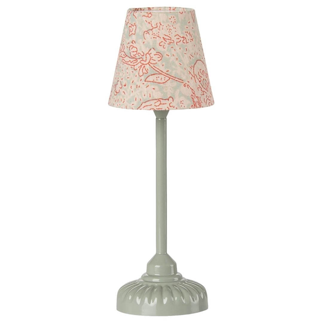 Maileg vintage-style floor lamp with mint base and floral printed lampshade – Bella Luna Toys.