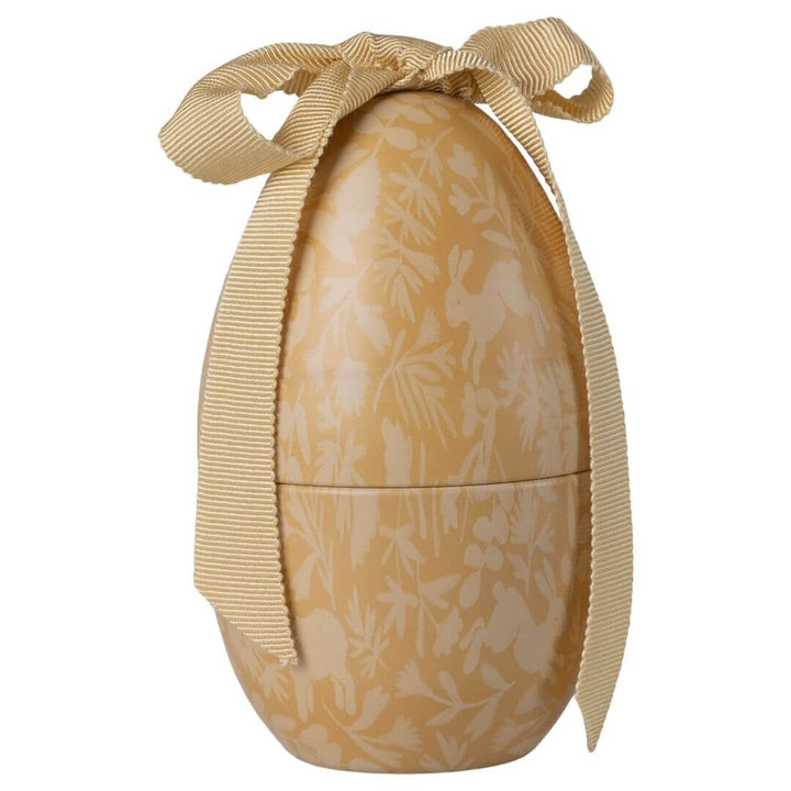 Maileg small metal Easter egg in yellow with a delicate toile print and coordinating fabric bow. - Bella Luna Toys - Bella Luna Toys