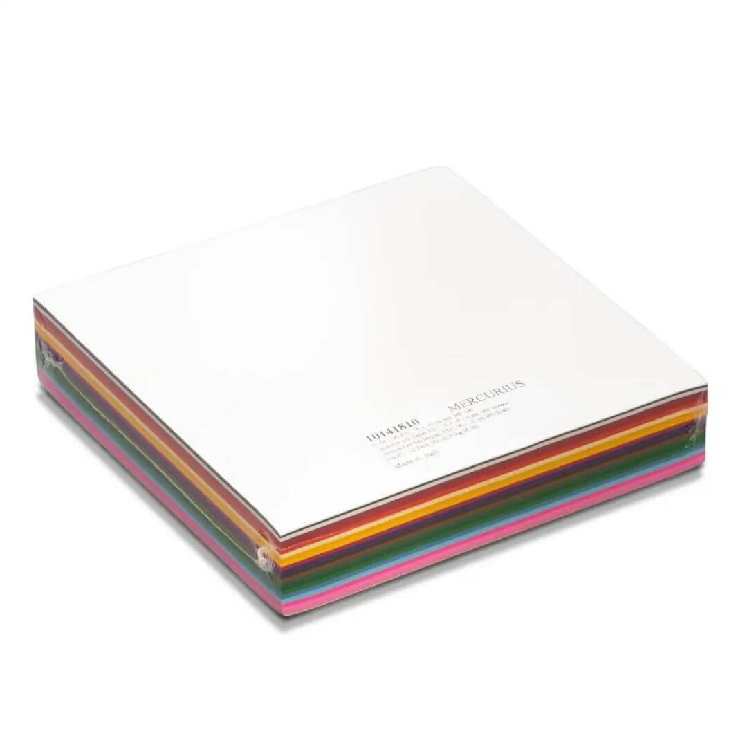 Stack of colorful paper sheets with a white box on a white background
