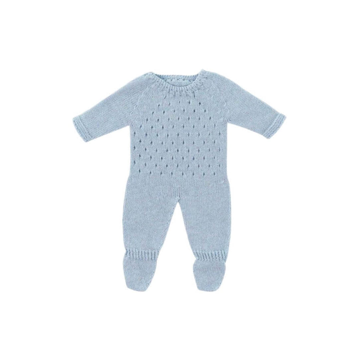Blue knit pajamas for 15-inch dolls, made from recycled materials with a handmade look—part of Miniland's eco-friendly doll clothing collection.