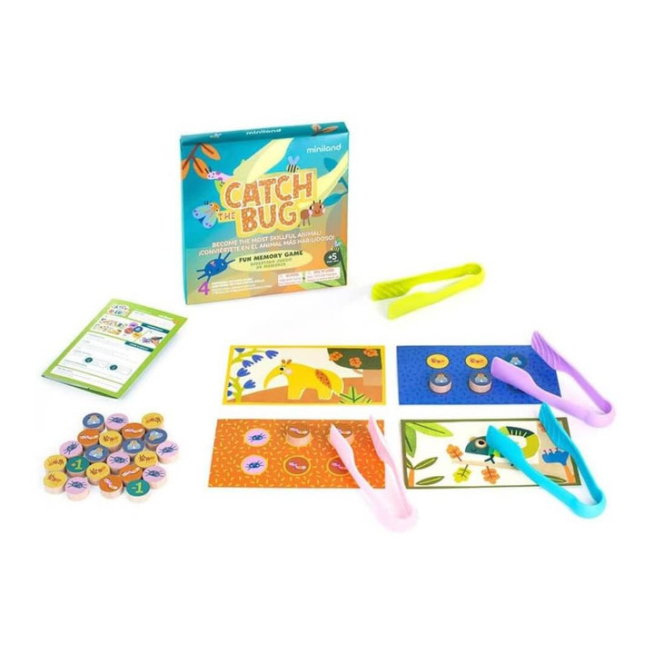 Product photo of the Catch the Bug! board game by Miniland, showing the game box, wooden bug pieces, illustrated boards, activity cards, and colorful tweezers.