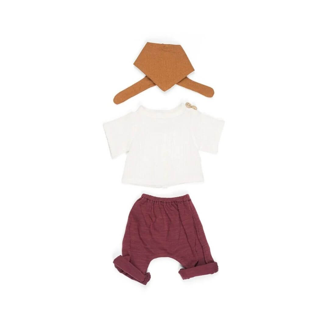 Miniland - Miniland Summer Set for 12 inch dolls with red pants, white shirt, and orange bandana against a white background  - Bella Luna Toys