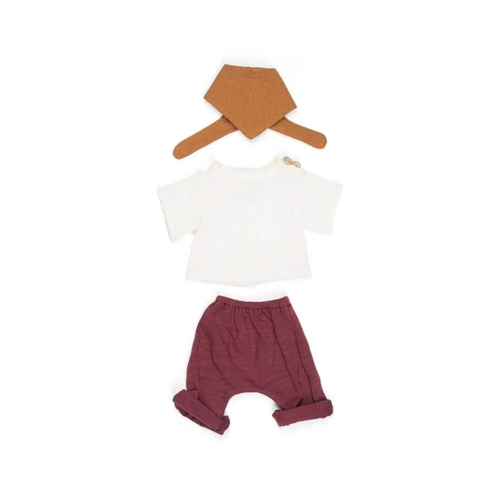 Miniland - Miniland Summer Set for 12 inch dolls with red pants, white shirt, and orange bandana against a white background  - Bella Luna Toys