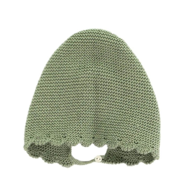 Miniland - Close up of Miniland Knitted Doll Bonnet against a white background - Bella Luna Toys