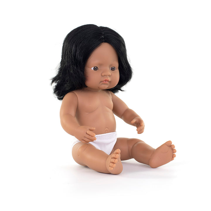 A 12-inch Miniland Realistic Montessori Baby Doll – Hispanic Girl, featuring black hair, anatomically correct details, and soft vinyl construction. Designed for inclusive, educational play.