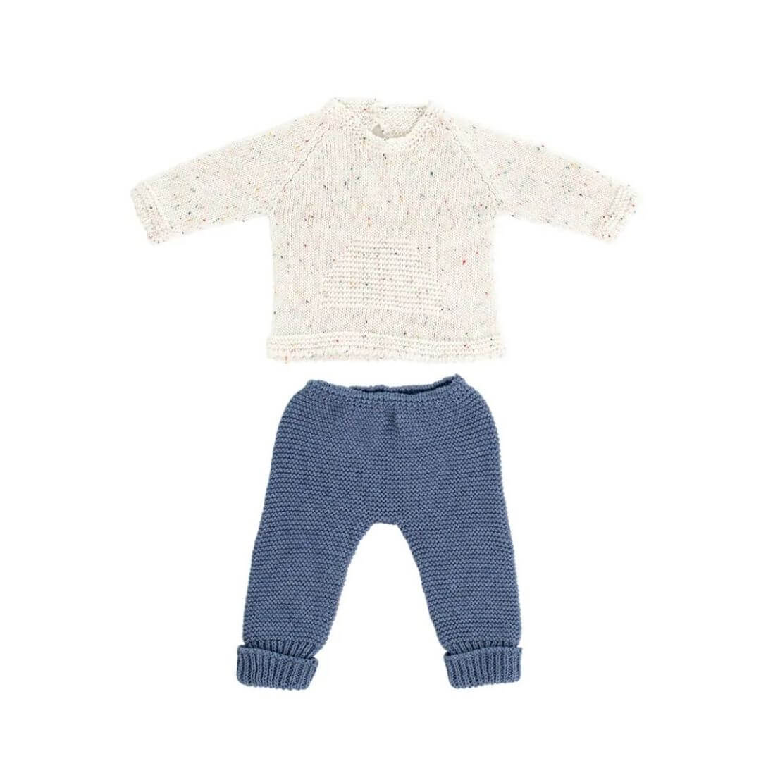 Miniland - Miniland Knitted Doll Outfit 15 3/4'' – white sweater & blue pants against a white background - Bella Luna Toys