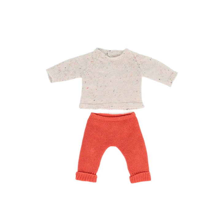 Knitted cream sweater and red pants set for 15-inch Miniland Dolls, made from recycled materials with a soft, handmade look—perfect for pretend play.