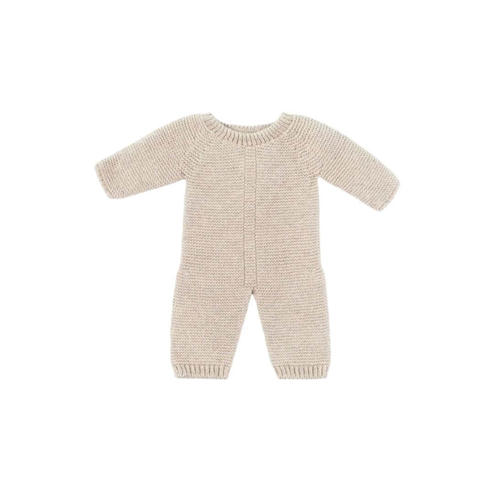 Oatmeal knitted pajamas for 15-inch dolls, featuring a handmade look and made from recycled materials—part of Miniland's sustainable doll clothing line.