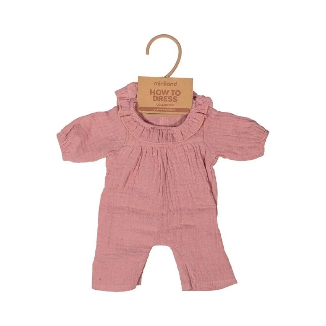 Miniland - 15-inch Miniland doll pajama set made from soft pink gauze fabric, featuring a comfortable pajama outfit and matching sleep hat for imaginative bedtime play shown on the hanger - Bella Luna Toys