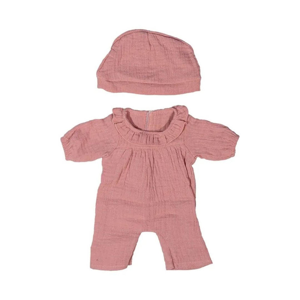 Miniland - 15-inch Miniland doll pajama set made from soft pink gauze fabric, featuring a comfortable pajama outfit and matching sleep hat for imaginative bedtime play - Bella Luna Toys