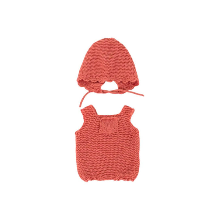 Red colored knit romper and matching bonnet for 12-inch Miniland dolls, made from recycled materials with a handmade, natural look.