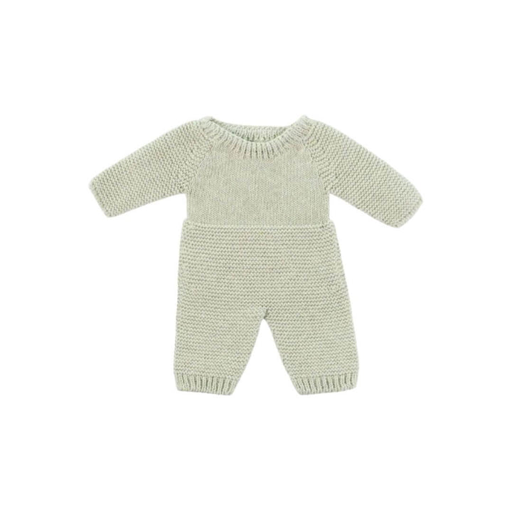 Sage green knitted pajamas for 12-inch Miniland Dolls, made from recycled materials with a handmade feel—eco-friendly and perfect for pretend play.