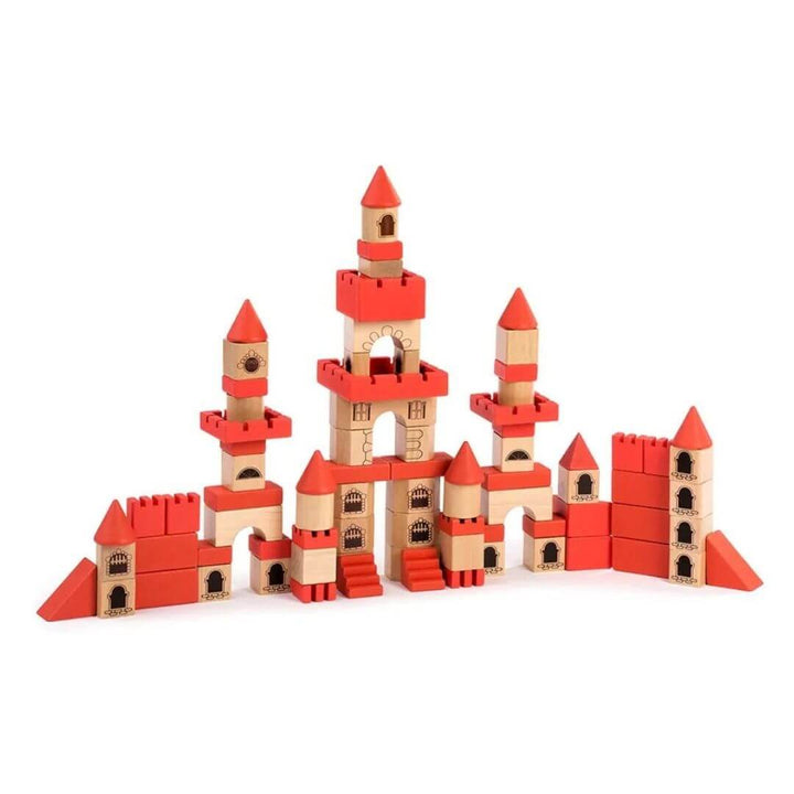 Miniland - Wooden castle building block set made from sustainable wood, featuring natural and red architectural blocks arranged into a large castle with towers, arches, staircases, and turrets - Bella Luna Toys