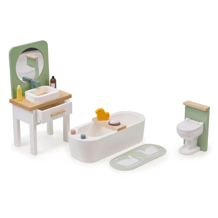 Bathroom set included in Tender Leaf Toys Mulberry Mansion Wooden Dollhouse