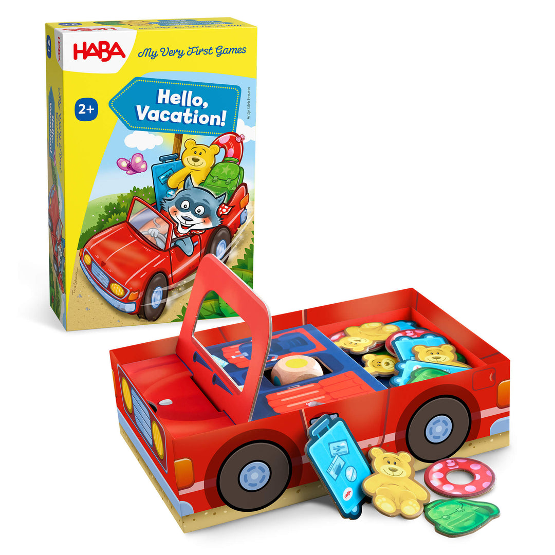 HABA 'Hello, Vacation!' toddler game with red car-shaped box and colorful game pieces on a white background