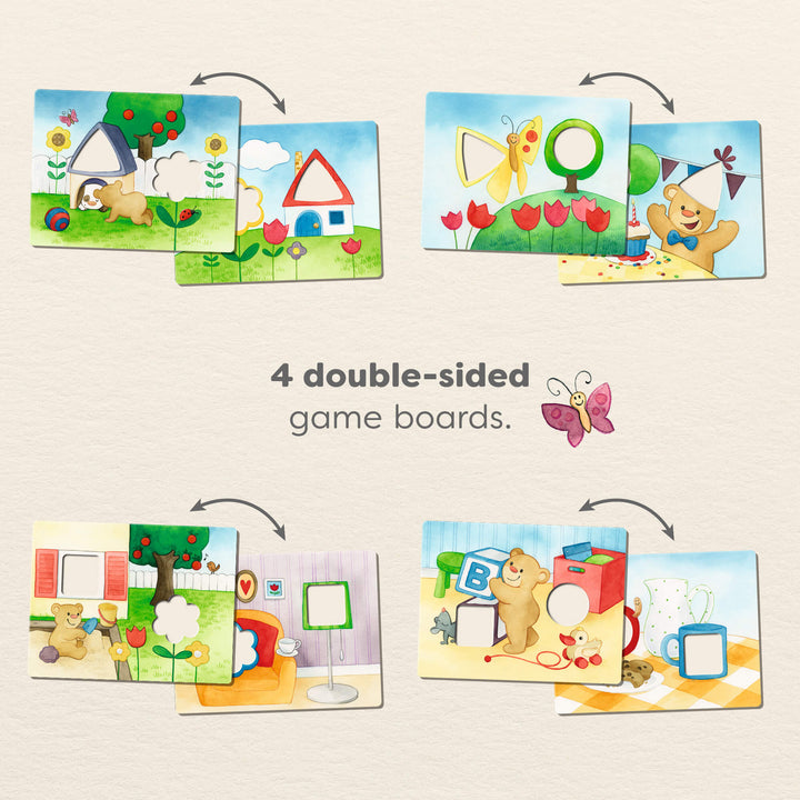 Colorful double-sided game boards with playful scenes and geometric shapes. Text reads "4 double-sided game boards."