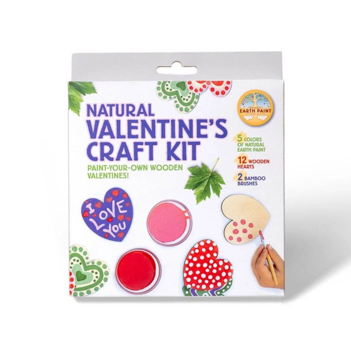 Natural Valentine's Craft Kit packaging with paint and wooden hearts on a white background