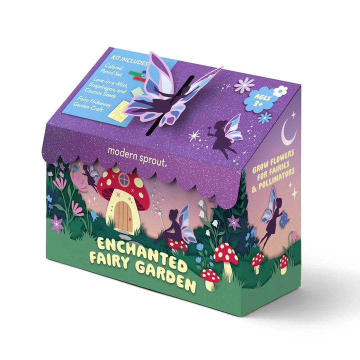 Magical Minds Enchanted Fairy Garden Kit for kids with seeds, colored pencils, wooden fairy garden pieces, and gardening activities.