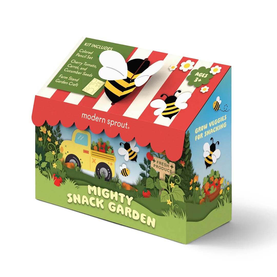Children's gardening kit packaging with bee illustrations and colorful design.