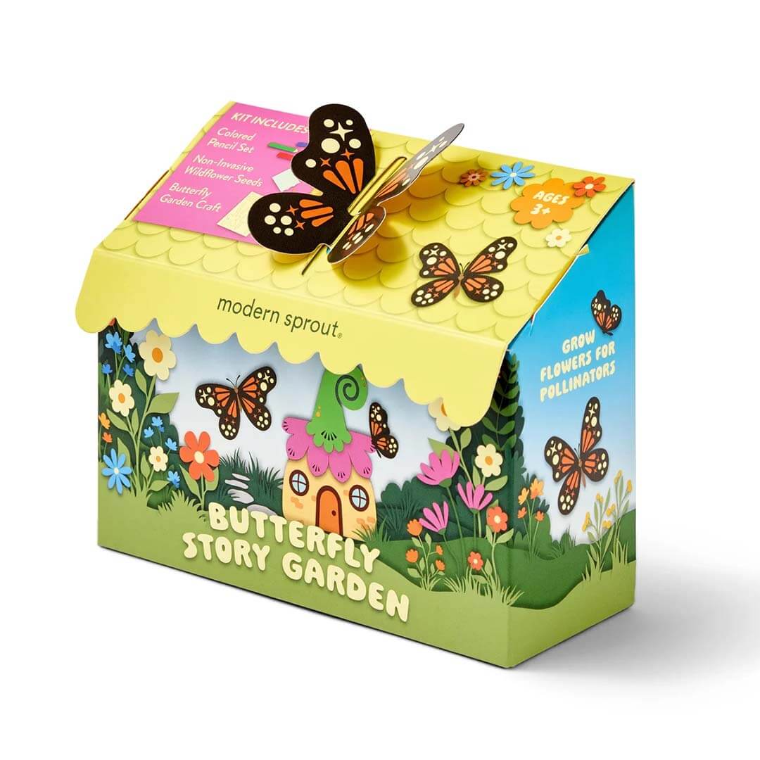 Butterfly-themed product packaging with illustrations of butterflies and a flower house on a white background.