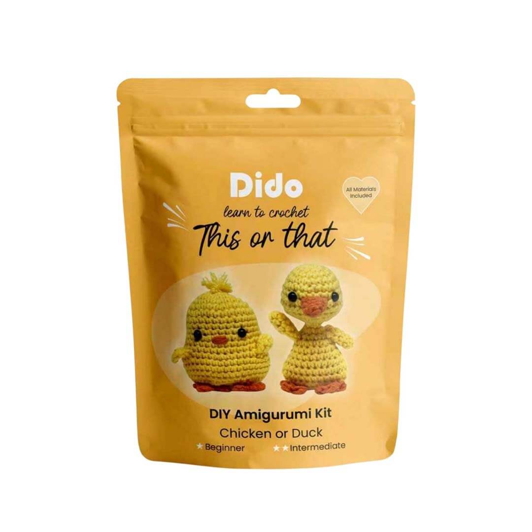 A yellow stand-up pouch package for a DIY amigurumi crocheting kit, featuring the brand name 'Dido' and images of a crocheted yellow chicken and duck.
