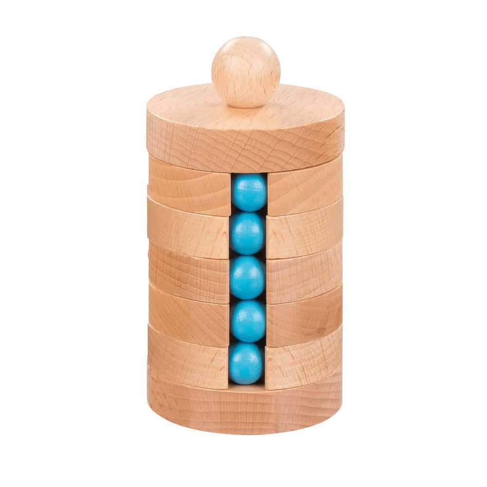 A wooden cylindrical toy puzzle with stacked natural wood rings and colorful spherical pieces in blue shown on a plain white background.