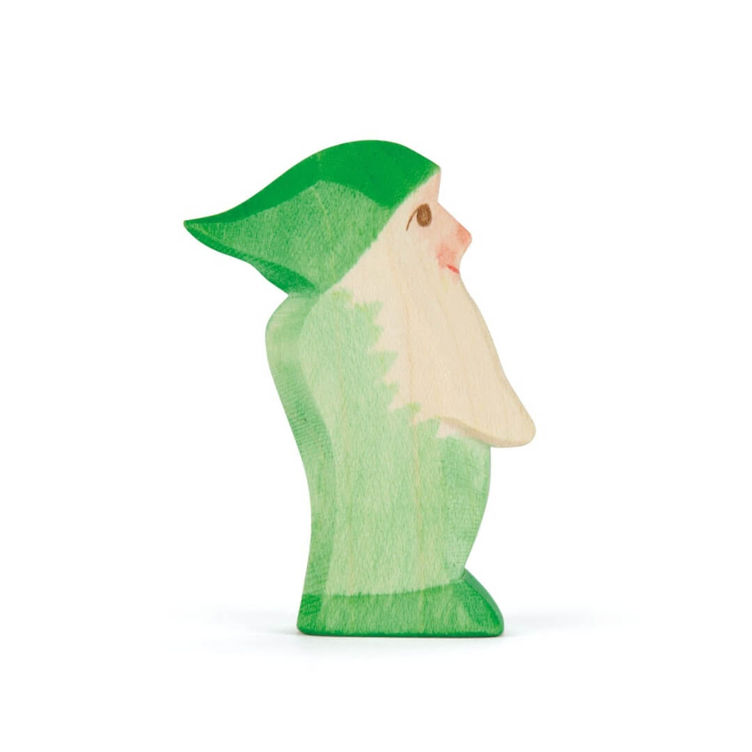 Side view of the green Ostheimer wooden dwarf figure.