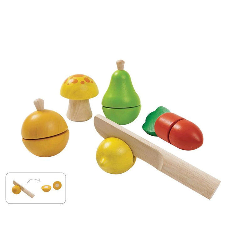 Plan Toys Fruit & Vegetable Play Set-Illustration showing how to cut wooden play food- Bella Luna Toys