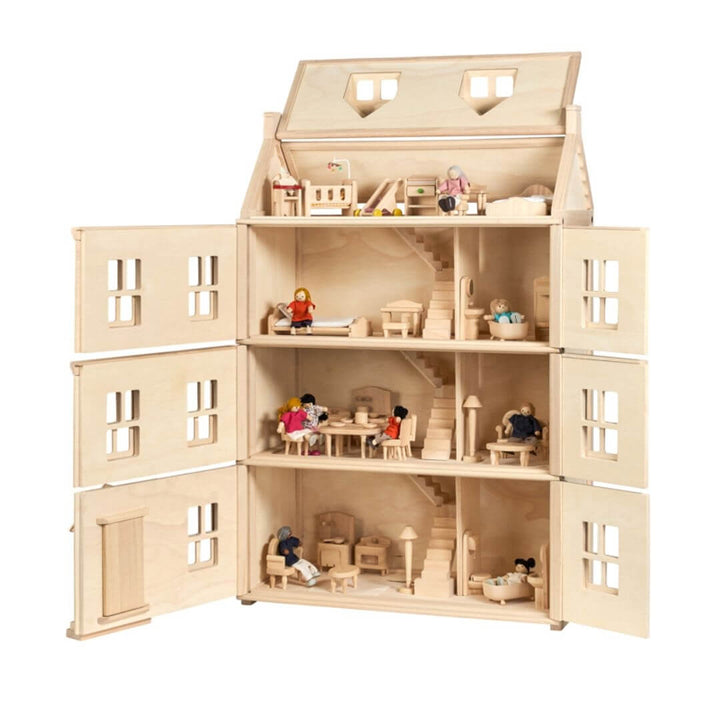 Four-story PlanToys Grand Victorian Wooden Dollhouse shown open with furnished rooms and small doll figures arranged throughout the attic and three floors. Bella Luna Toys