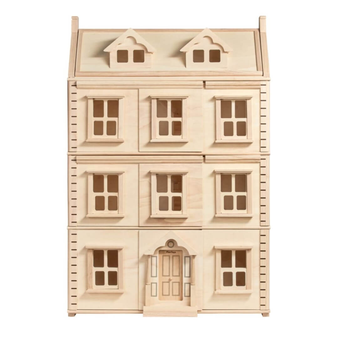 Four-story PlanToys Grand Victorian Wooden Dollhouse with opening windows, detailed trim, and an attic level, crafted in a classic natural wood finish. Bella Luna Toys