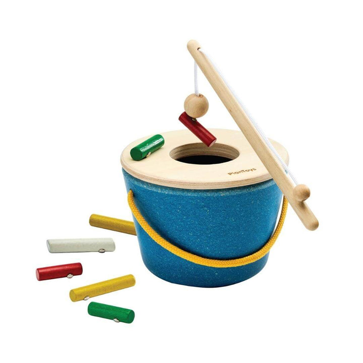 PlanToys Montessori Magnetic Fishing Set with blue wooden bucket, magnetic rod, and colorful timber pieces to catch and drop inside.