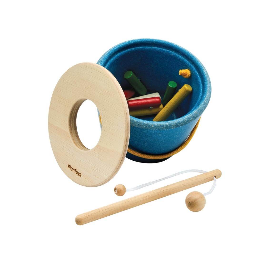 PlanToys Montessori Magnetic Fishing Set with blue wooden bucket, magnetic rod, and colorful timber pieces to catch and drop inside.