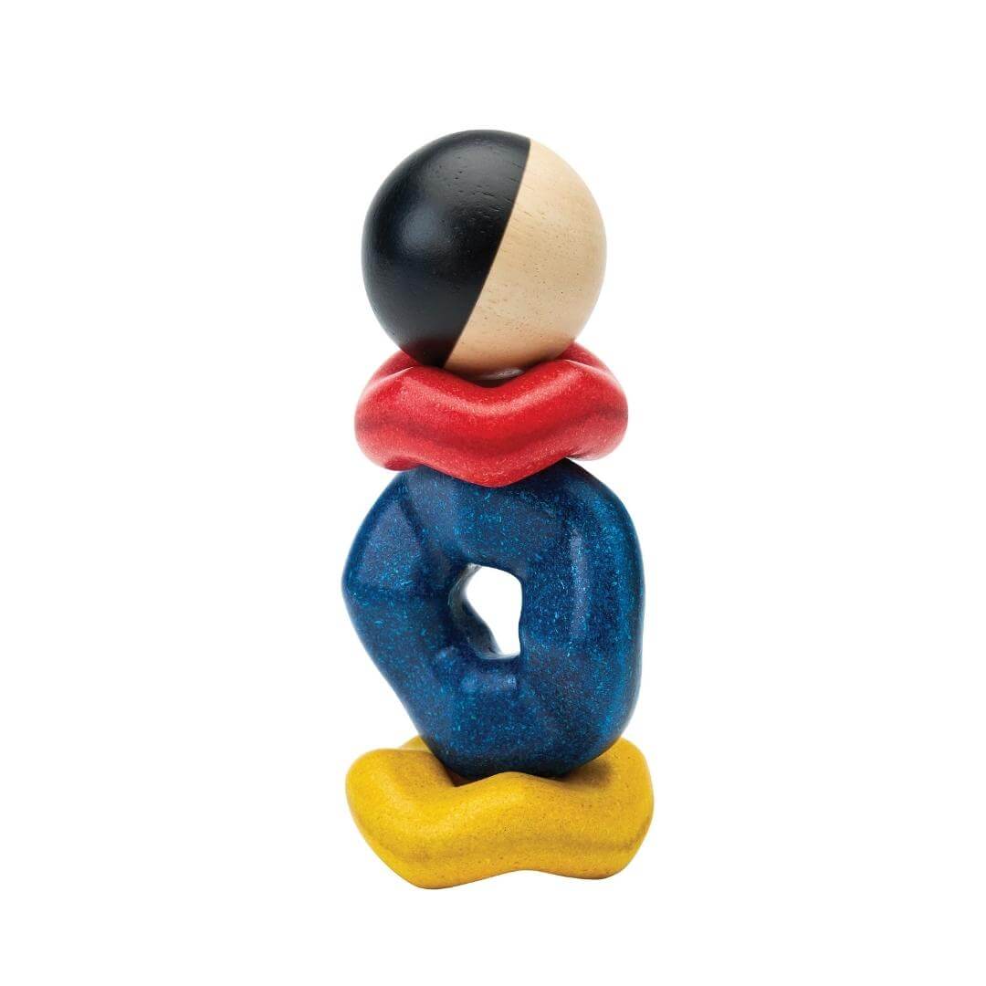 PlanToys Montessori Ball and Wave Stacker with wooden ball topper and three colorful wave-shaped pieces made from eco-friendly PlanWood®.