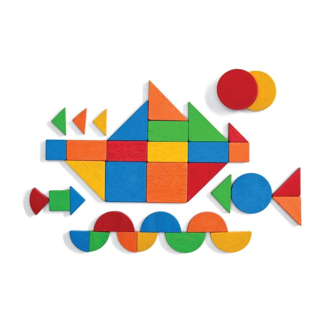 PlanToys Montessori Mosaic Shape Set with colorful geometric tiles arranged into shapes and patterns of a submarine on a white background.

