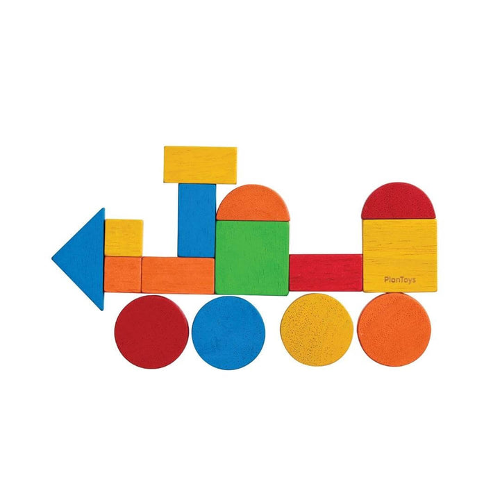 PlanToys Montessori Mosaic Shape Set showing colorful geometric tiles arranged into a train on a white background.