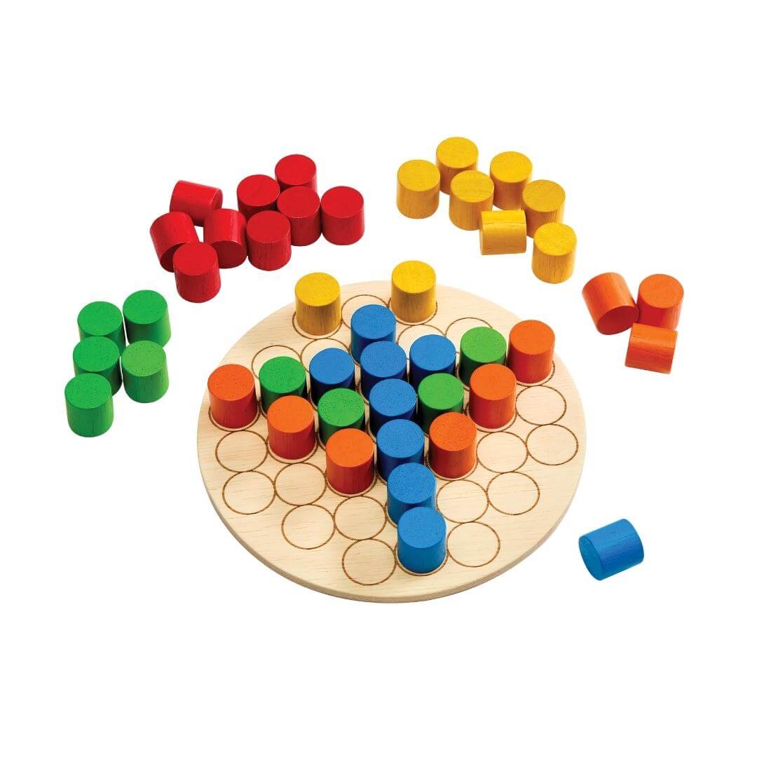 PlanToys Montessori Peg Board Set with colorful pegs and a board showing a colorful shaped peg pattern.