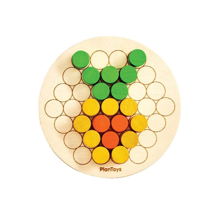 PlanToys Montessori Peg Board Set with colorful pegs and a board showing a colorful peg pattern.